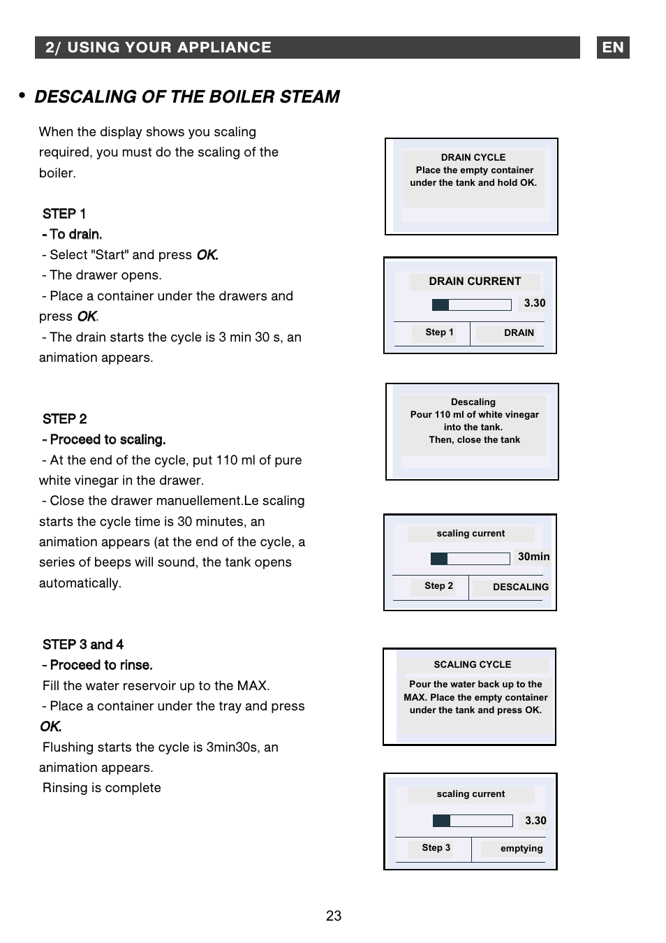 Descaling of the boiler steam | DE DIETRICH DOS1160 User Manual | Page 23 / 29