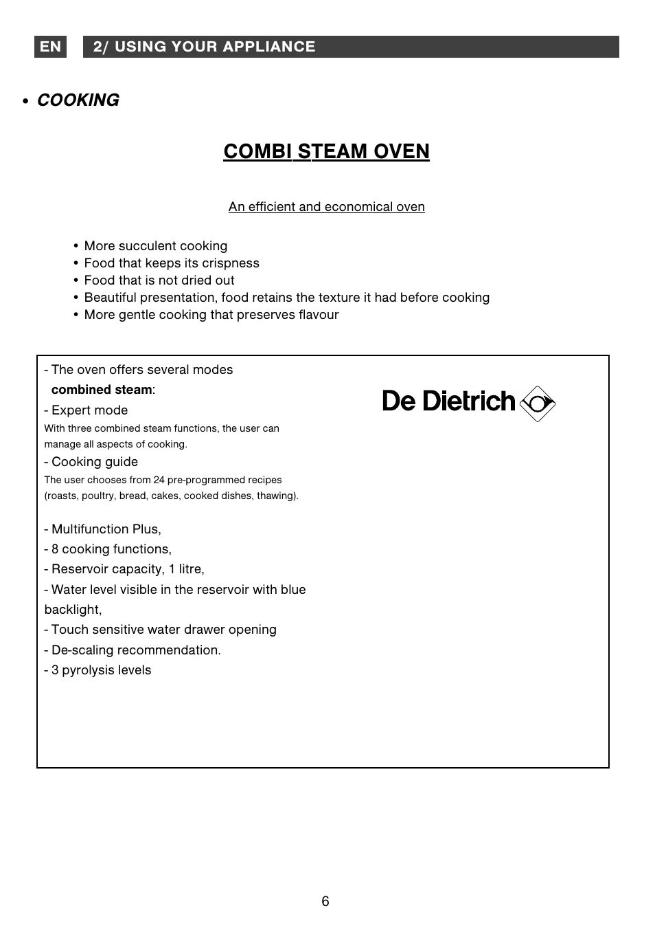 Combi steam oven, Cooking | DE DIETRICH DOS1160 User Manual | Page 6 / 29