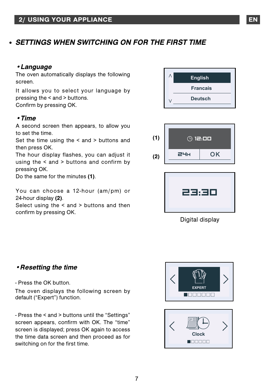 Settings when switching on for the first time, Language, Time | Resetting the time | DE DIETRICH DOS1160 User Manual | Page 7 / 29