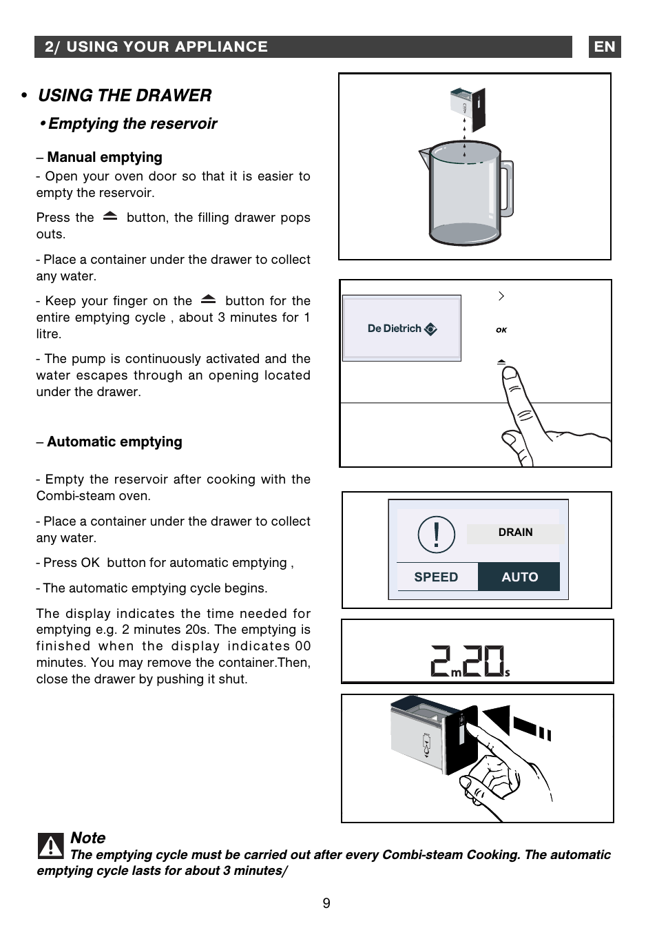 Using the drawer, Emptying the reservoir | DE DIETRICH DOS1160 User Manual | Page 9 / 29