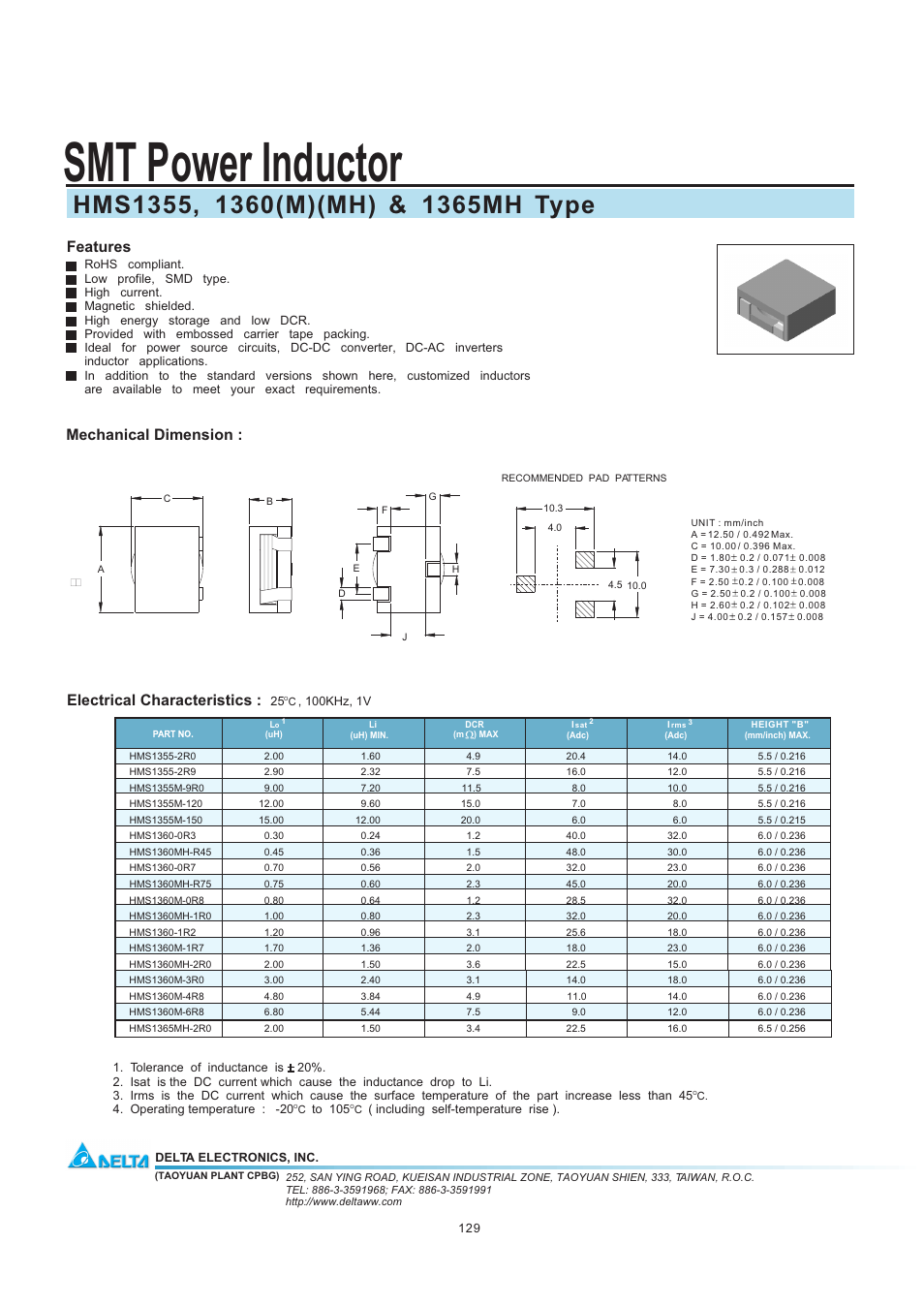 Delta Electronics SMT Power Inductor HMS1365MH User Manual | 1 page