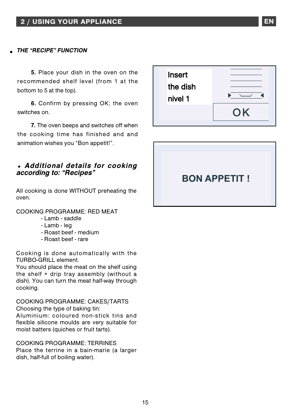 Bon appetit, Insérer le plat au niveau | DE DIETRICH DOP1160 User Manual | Page 15 / 33