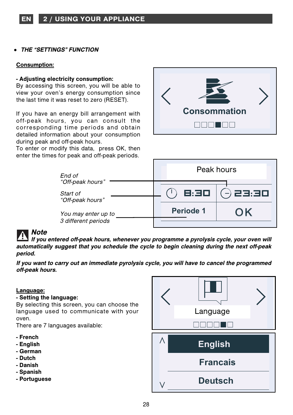 Consommation heures creuses, Deutsch english francais | DE DIETRICH DOP1160 User Manual | Page 28 / 33