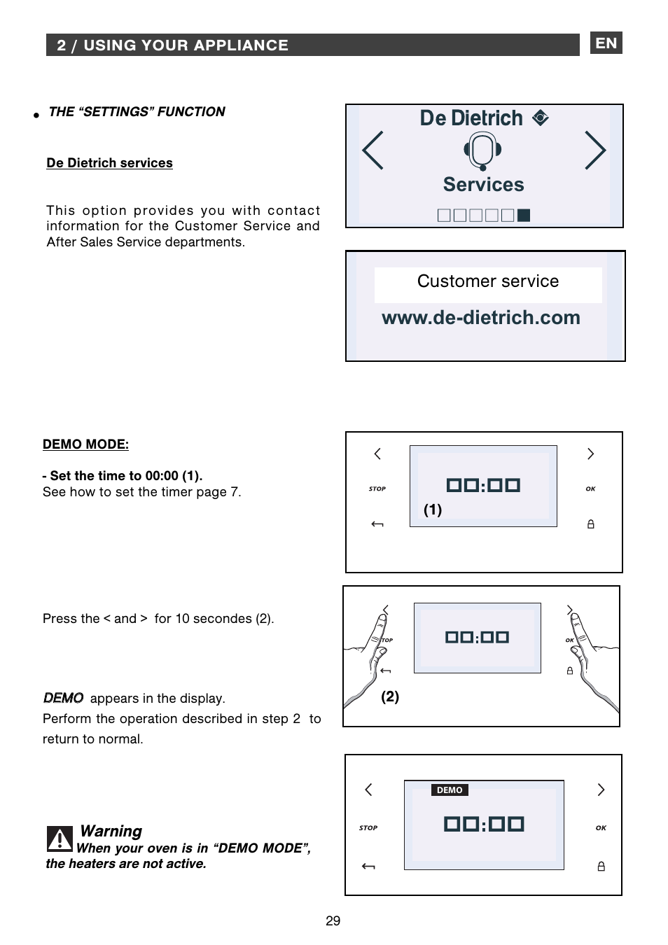 Services rendez-vous sur, Customer service, Warning | DE DIETRICH DOP1160 User Manual | Page 29 / 33