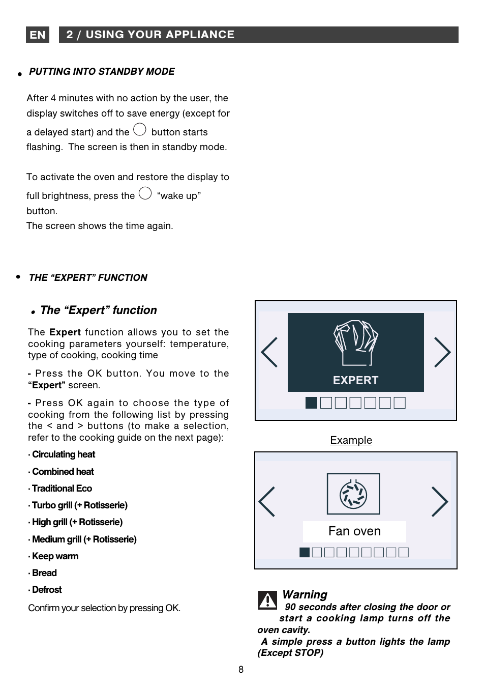 Fan oven, The “expert” function, Warning | DE DIETRICH DOP1160 User Manual | Page 8 / 33