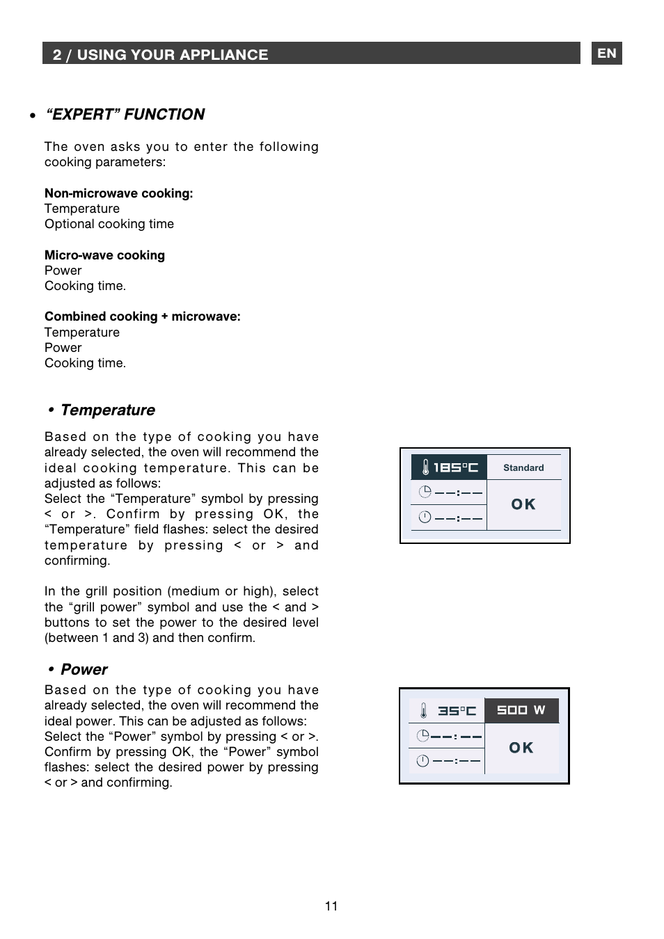 Temperature, Power, Expert” function | DE DIETRICH DME1145 User Manual | Page 11 / 34