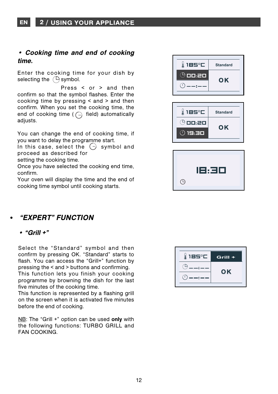 Expert” function, Grill, Cooking time and end of cooking time | DE DIETRICH DME1145 User Manual | Page 12 / 34