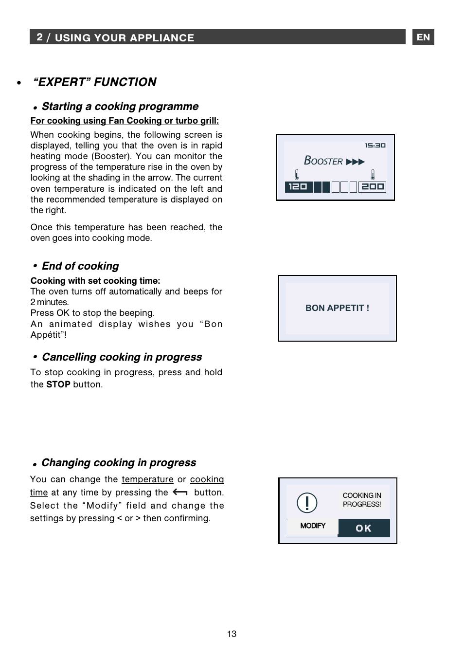 Expert” function, Starting a cooking programme, End of cooking | Cancelling cooking in progress, Changing cooking in progress | DE DIETRICH DME1145 User Manual | Page 13 / 34