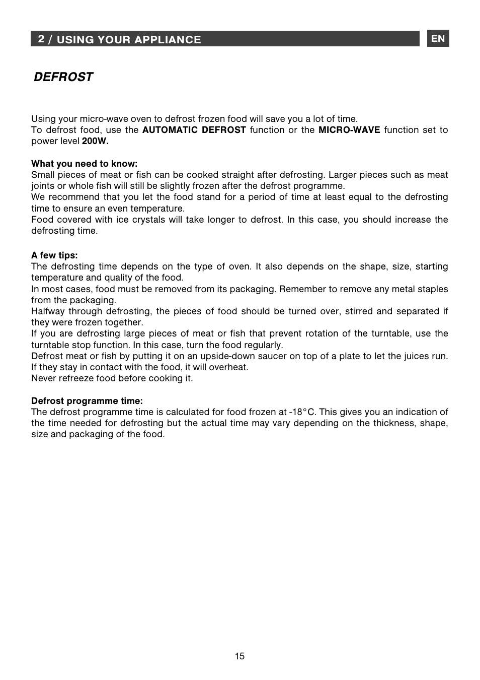 Defrost | DE DIETRICH DME1145 User Manual | Page 15 / 34