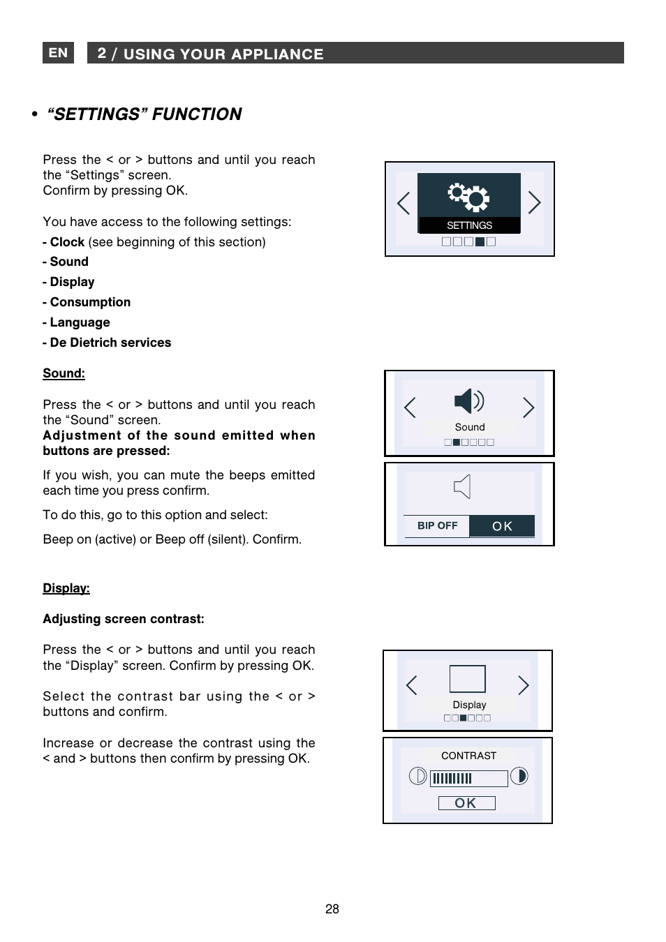 Settings” function, 2 / using your appliance | DE DIETRICH DME1145 User Manual | Page 28 / 34