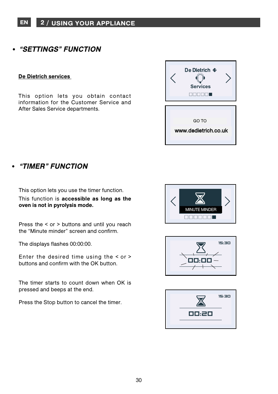 Settings” function “timer” function | DE DIETRICH DME1145 User Manual | Page 30 / 34