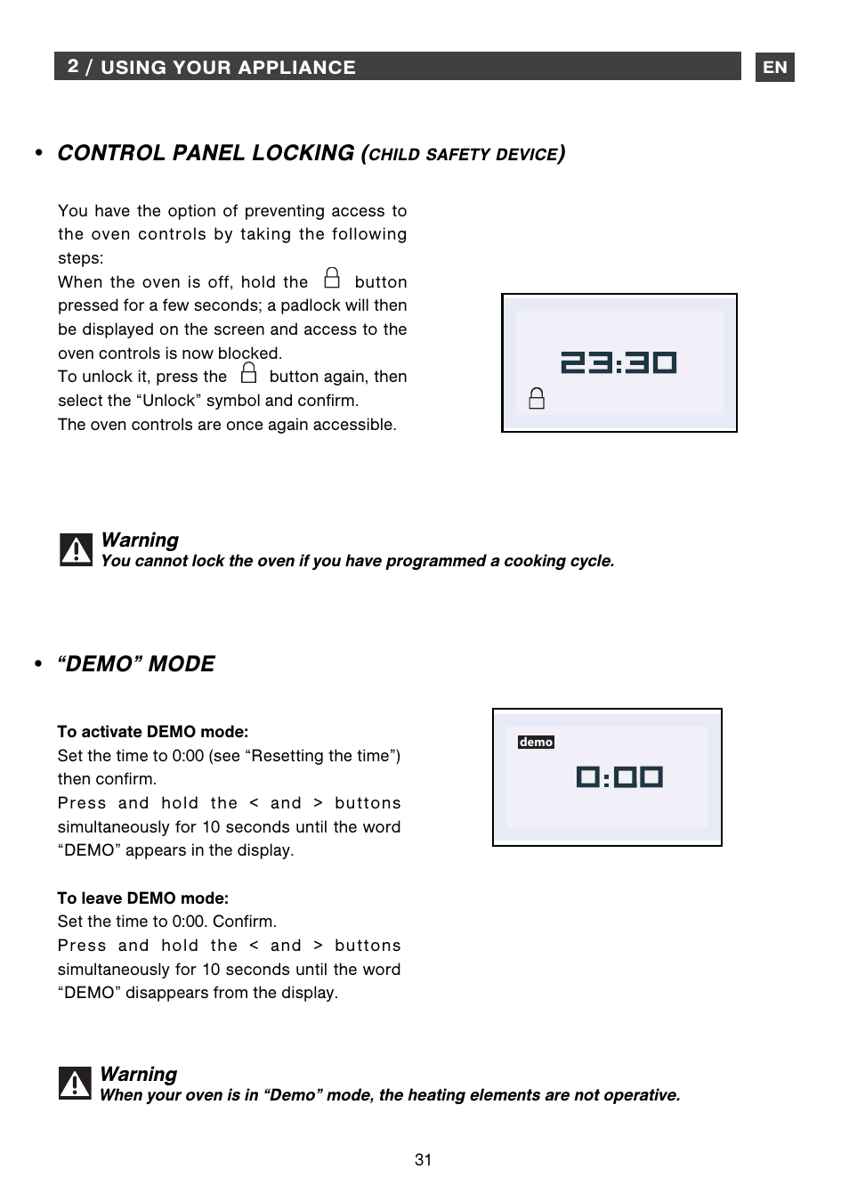 Control panel locking, Demo” mode, Warning | DE DIETRICH DME1145 User Manual | Page 31 / 34