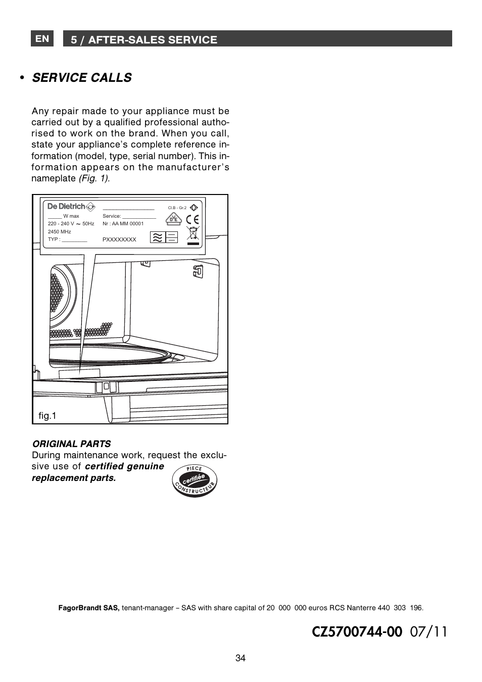 Service calls, 5 / after-sales service | DE DIETRICH DME1145 User Manual | Page 34 / 34