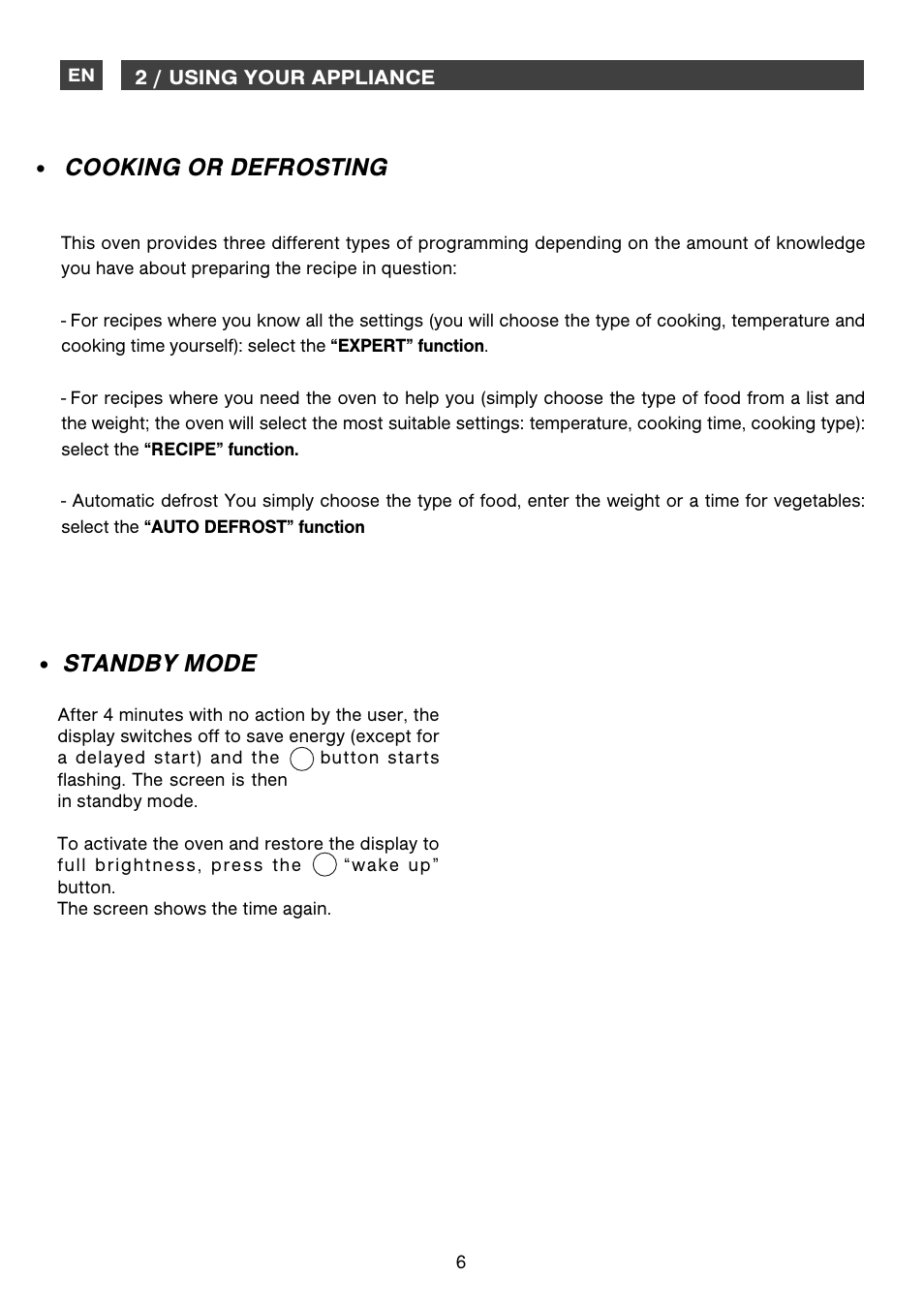 Cooking or defrosting, Standby mode | DE DIETRICH DME1145 User Manual | Page 6 / 34