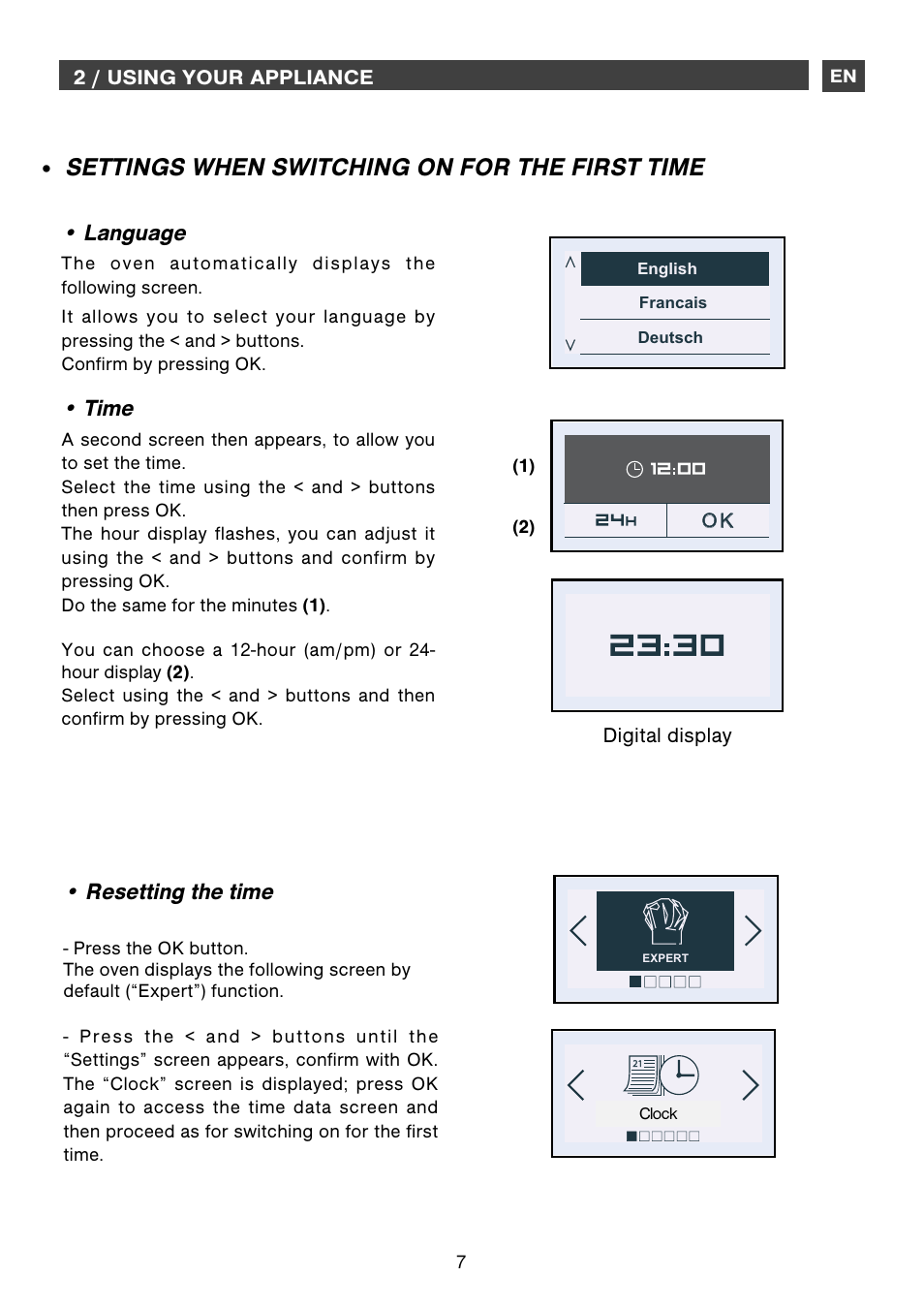 Settings when switching on for the first time, Language, Time | Resetting the time | DE DIETRICH DME1145 User Manual | Page 7 / 34