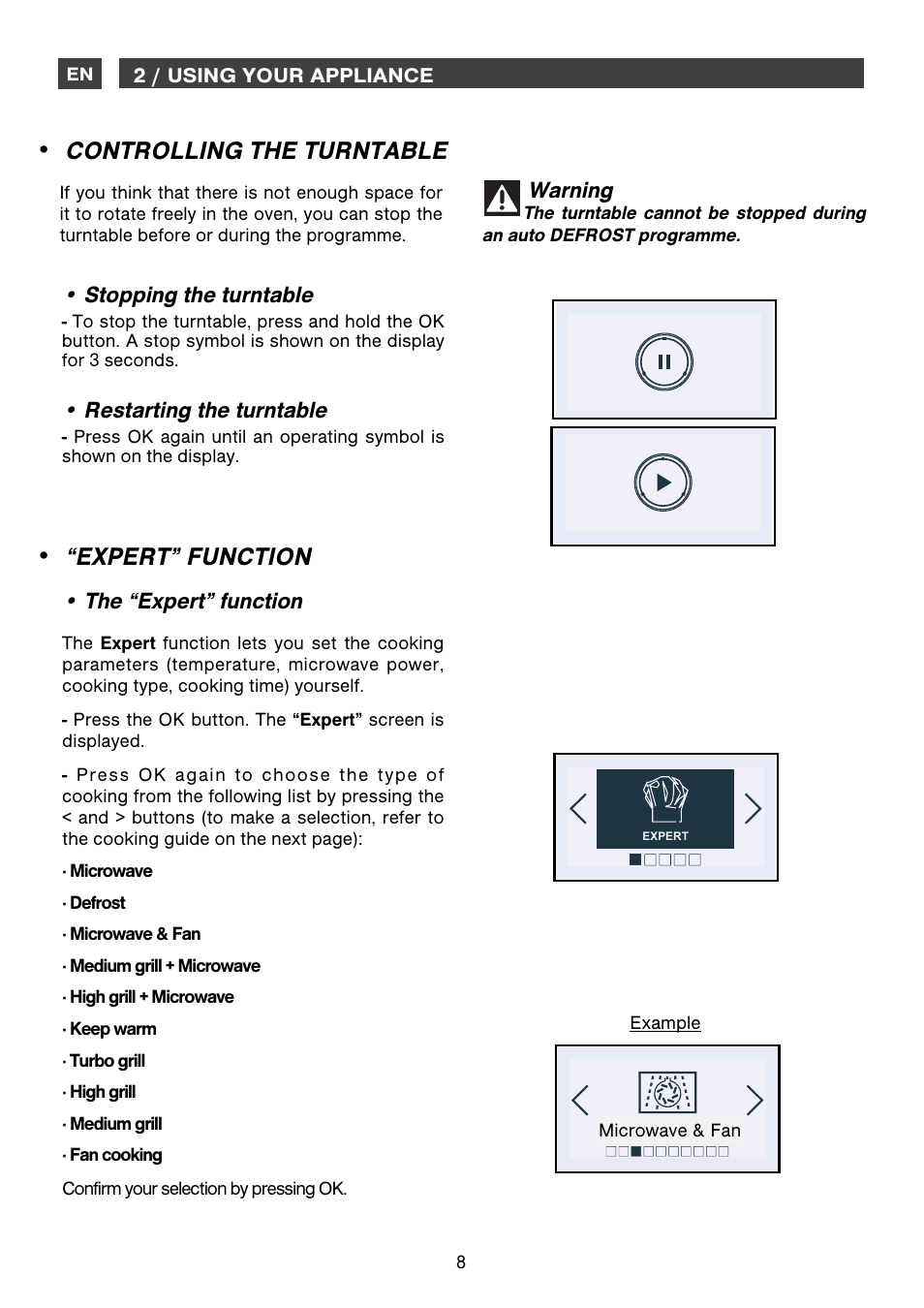 Expert” function, Controlling the turntable, The “expert” function | Stopping the turntable, Restarting the turntable, Warning | DE DIETRICH DME1145 User Manual | Page 8 / 34