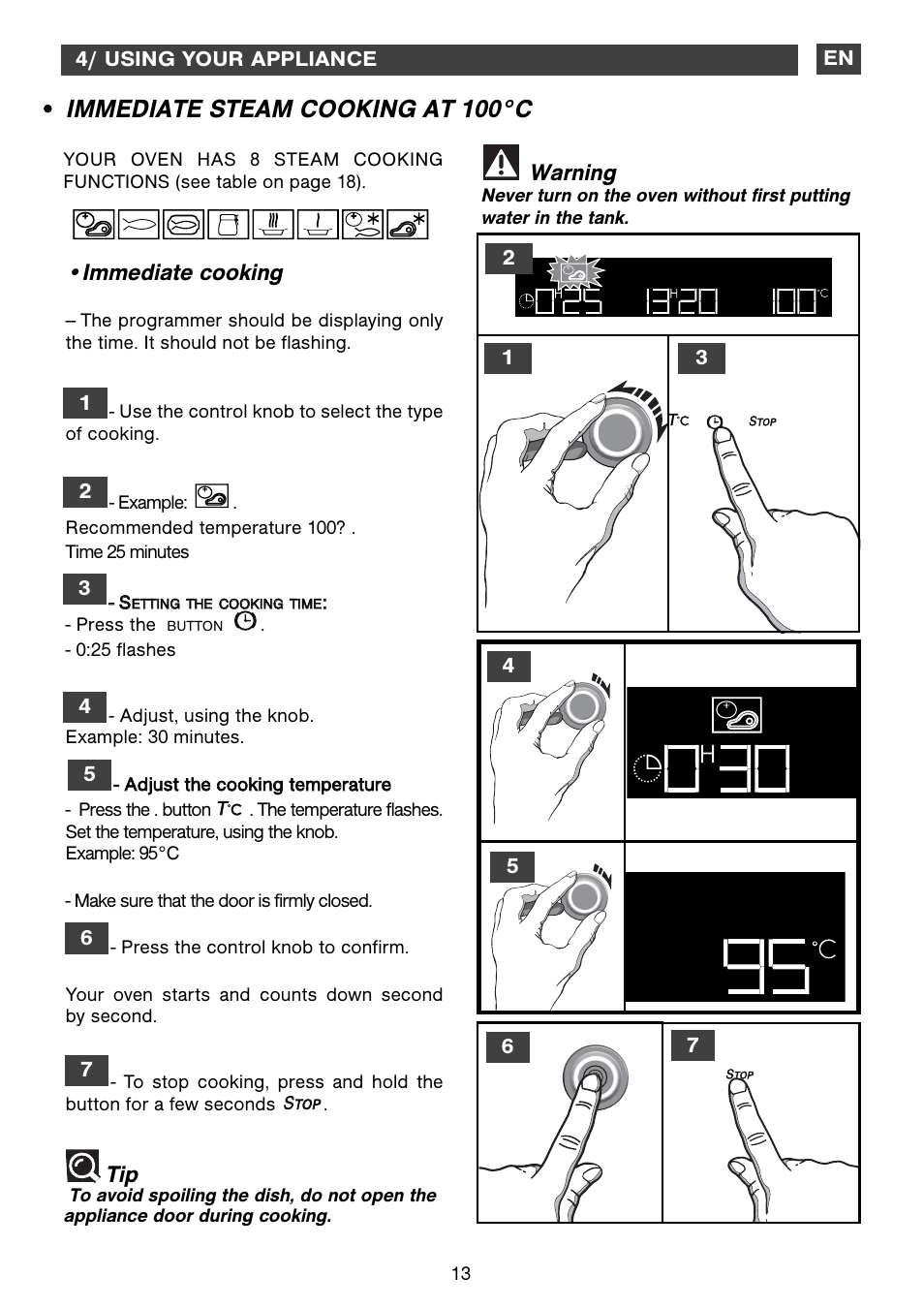 Immediate steam cooking at 100°c, Warning, Immediate cooking | DE DIETRICH DOV1145 User Manual | Page 13 / 26