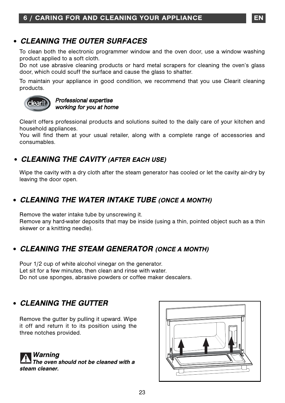 Cleaning the outer surfaces, Cleaning the cavity, Cleaning the water intake tube | Cleaning the steam generator, Cleaning the gutter | DE DIETRICH DOV1145 User Manual | Page 23 / 26