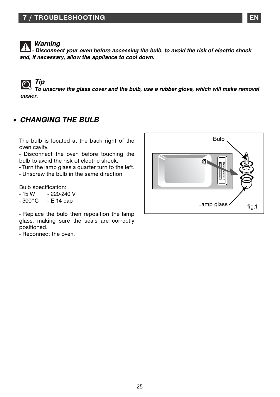 Changing the bulb | DE DIETRICH DOV1145 User Manual | Page 25 / 26