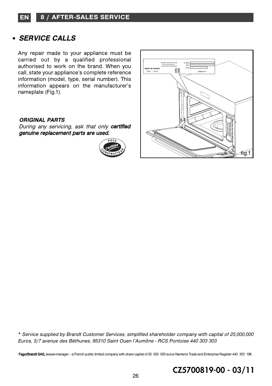 Service calls, En 8 / after-sales service | DE DIETRICH DOV1145 User Manual | Page 26 / 26