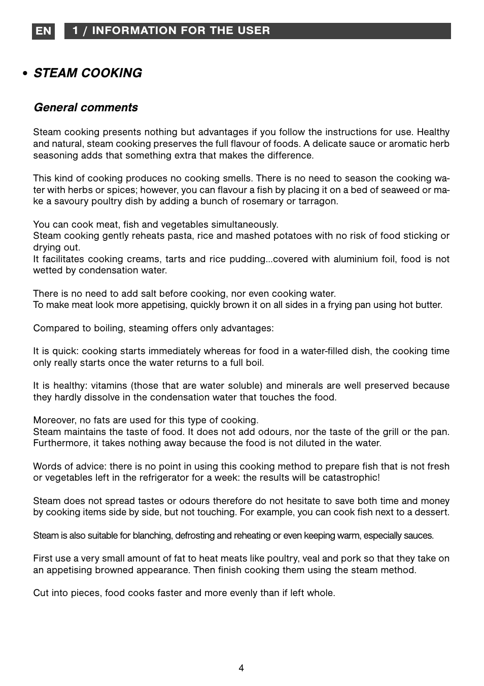 Steam cooking, General comments | DE DIETRICH DOV1145 User Manual | Page 4 / 26