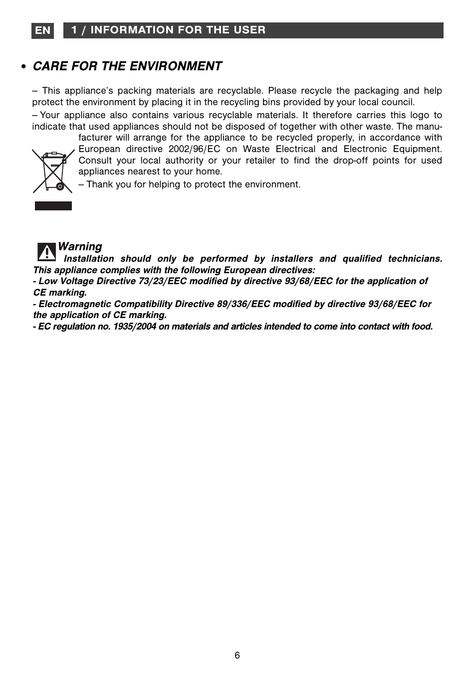 Care for the environment | DE DIETRICH DOV1145 User Manual | Page 6 / 26