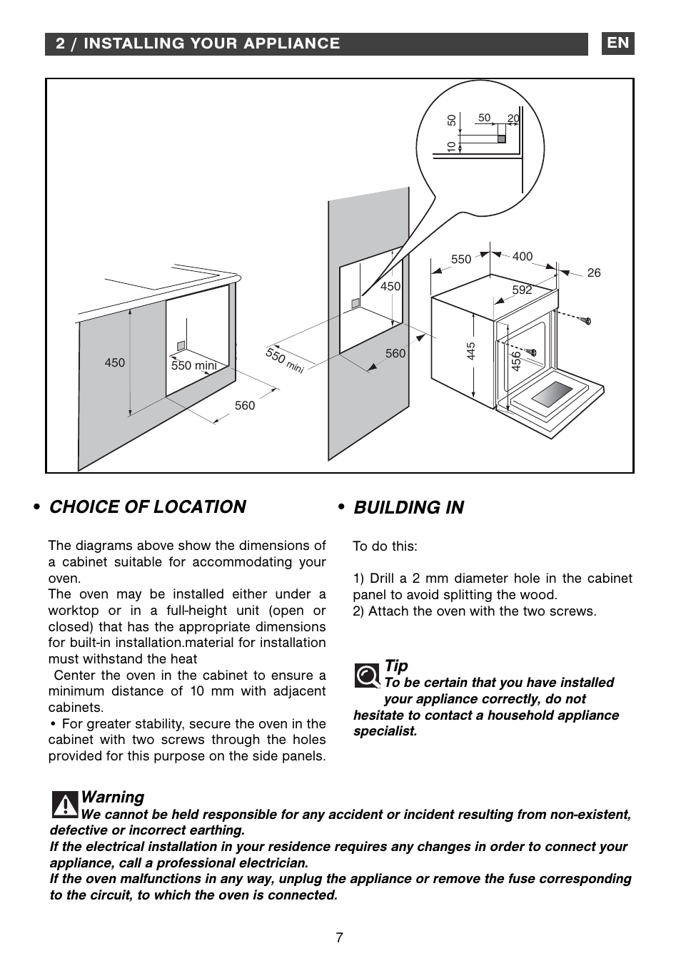 Building in, Choice of location, Warning | DE DIETRICH DOV1145 User Manual | Page 7 / 26