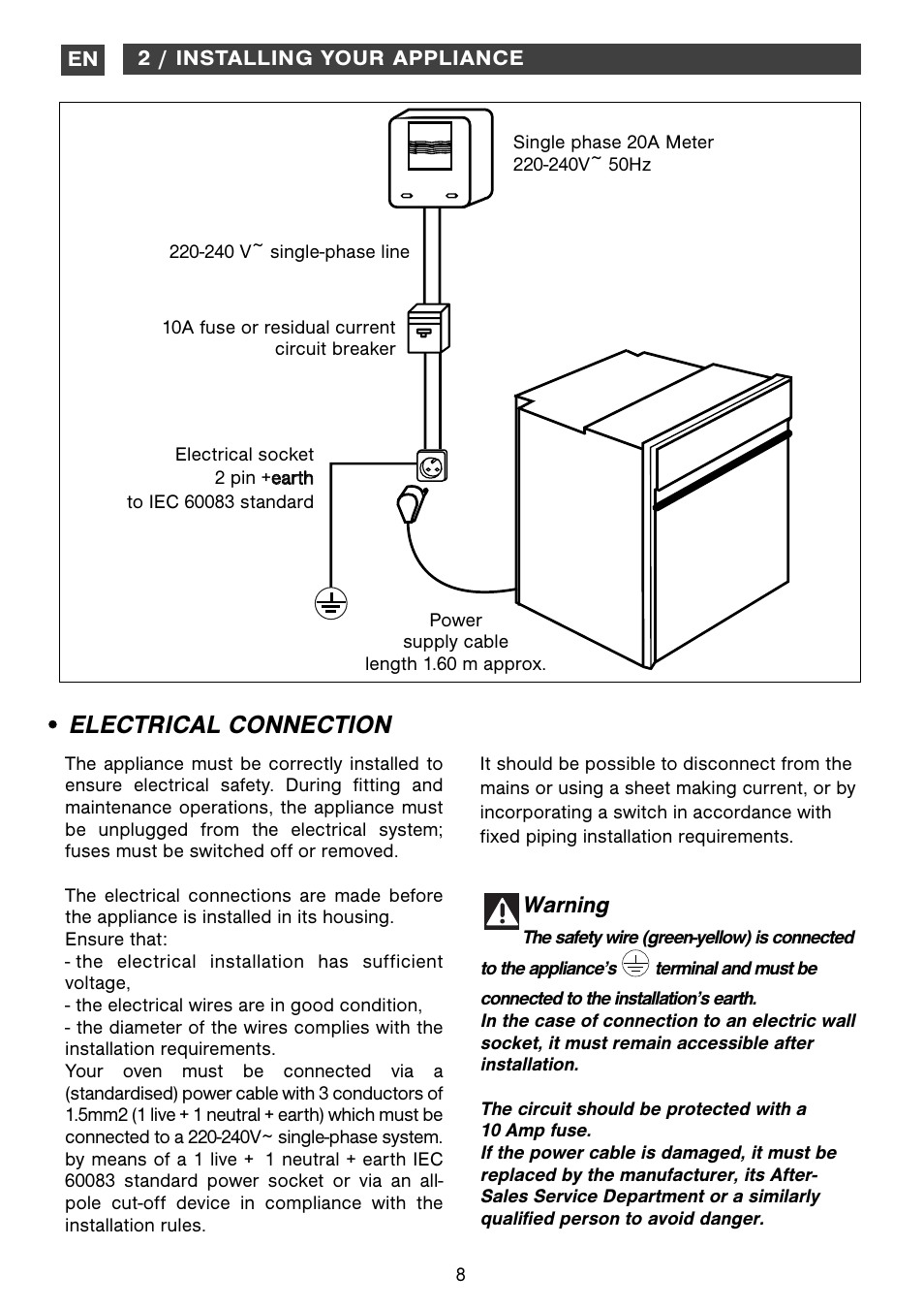 Electrical connection, Warning | DE DIETRICH DOV1145 User Manual | Page 8 / 26