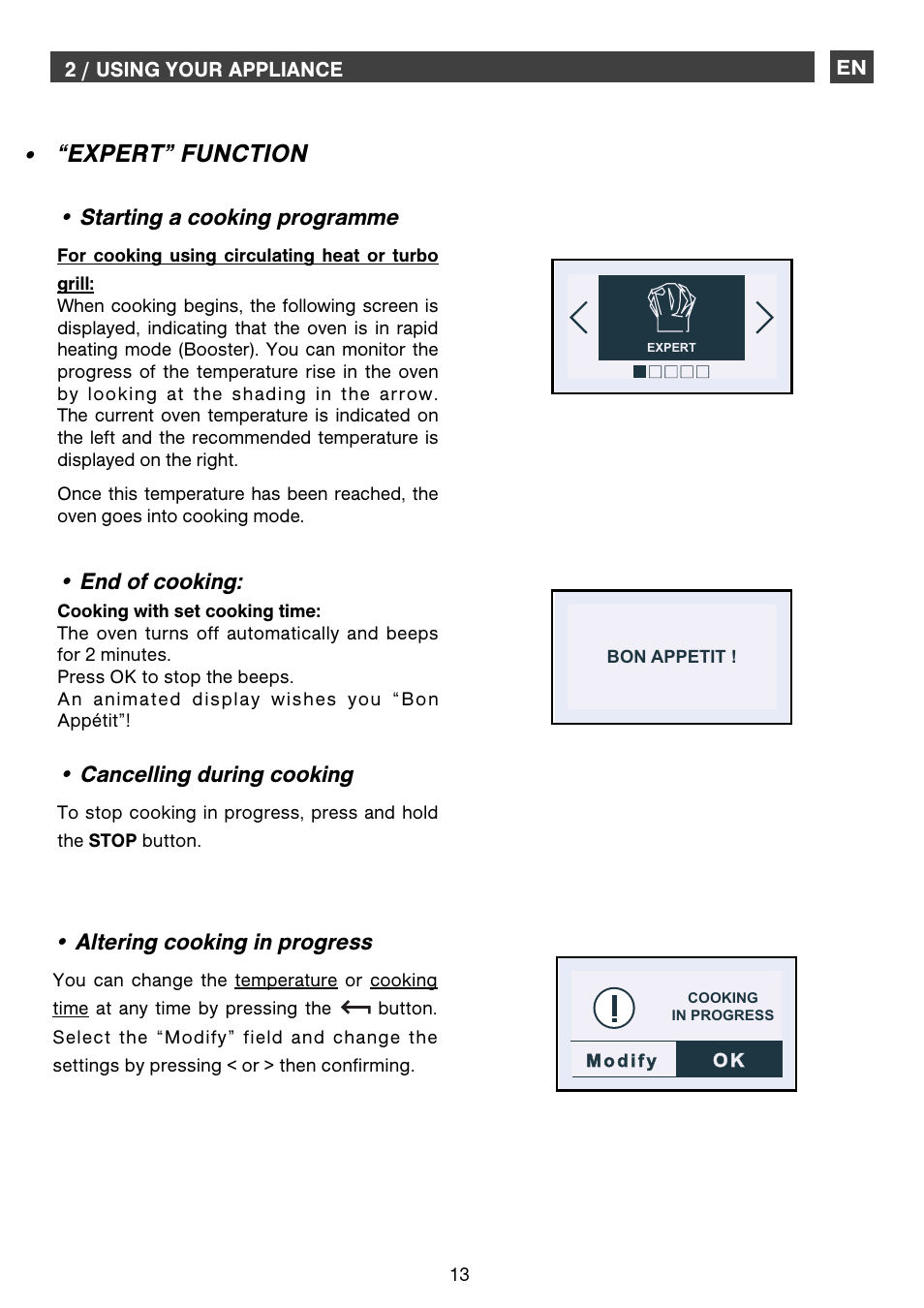 Expert” function, Starting a cooking programme, End of cooking | Cancelling during cooking, Altering cooking in progress | DE DIETRICH DOM1195 User Manual | Page 13 / 36