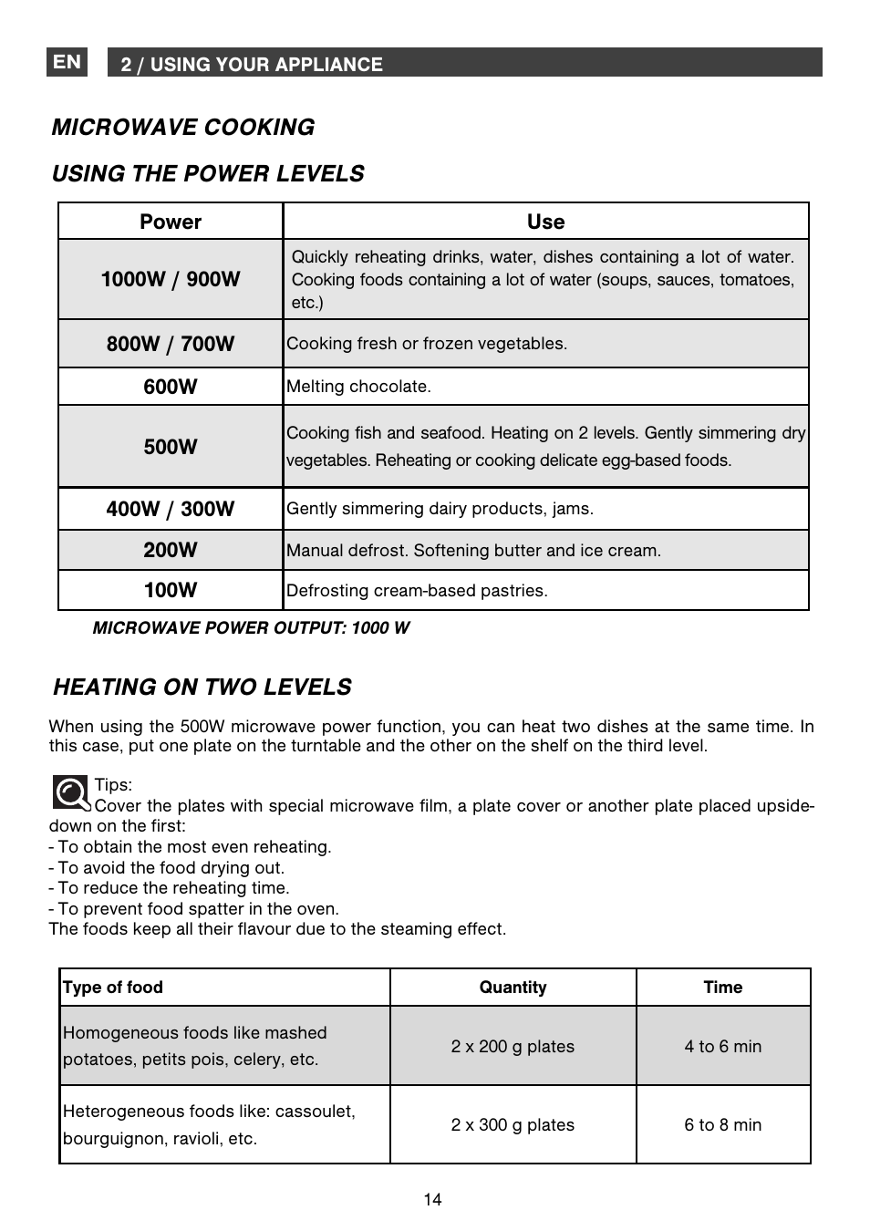 Microwave cooking, Heating on two levels, Using the power levels | DE DIETRICH DOM1195 User Manual | Page 14 / 36