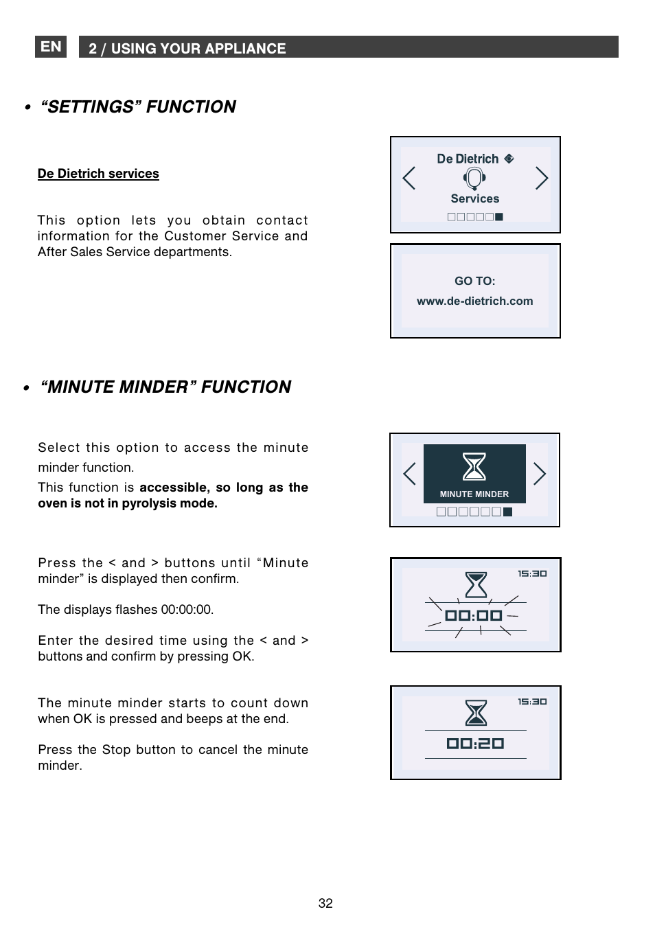 Settings” function “minute minder” function | DE DIETRICH DOM1195 User Manual | Page 32 / 36