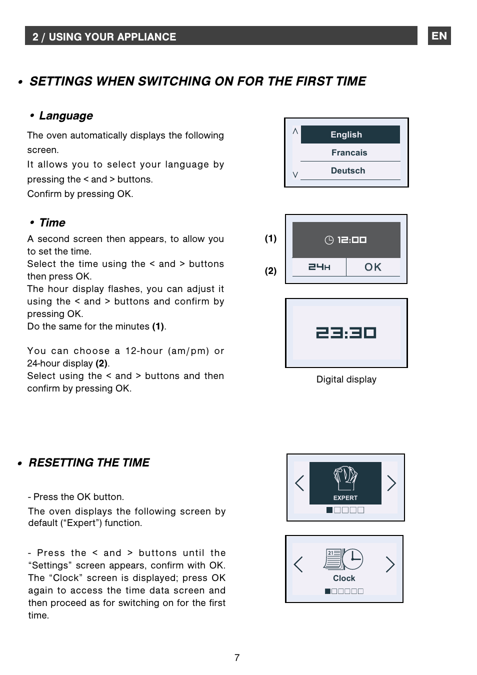 Settings when switching on for the first time, Language, Time | Resetting the time | DE DIETRICH DOM1195 User Manual | Page 7 / 36