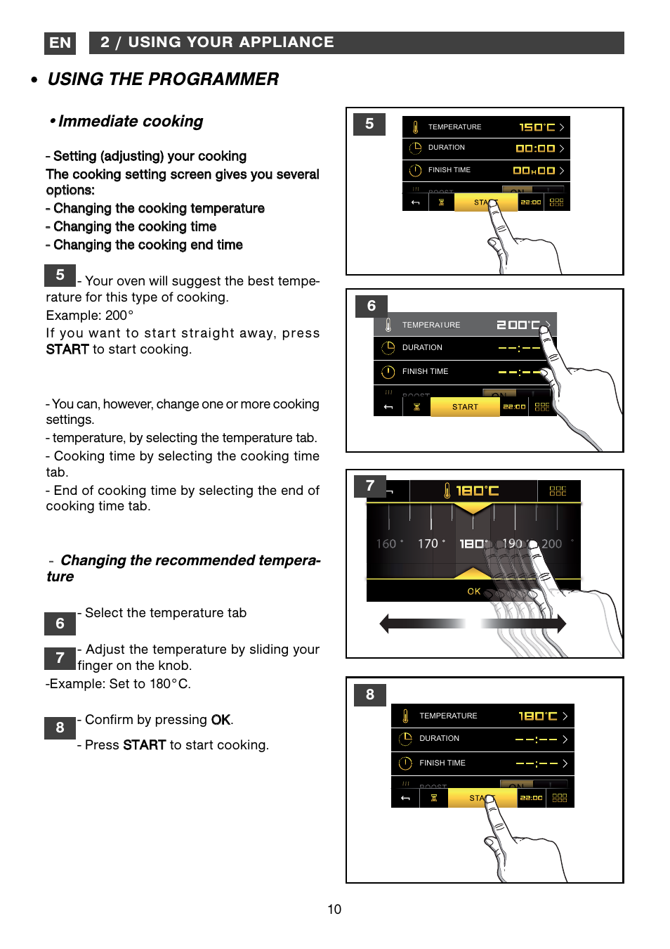 Using the programmer, Immediate cooking, Changing the recommended tempera- ture | DE DIETRICH DOP1190 User Manual | Page 10 / 33