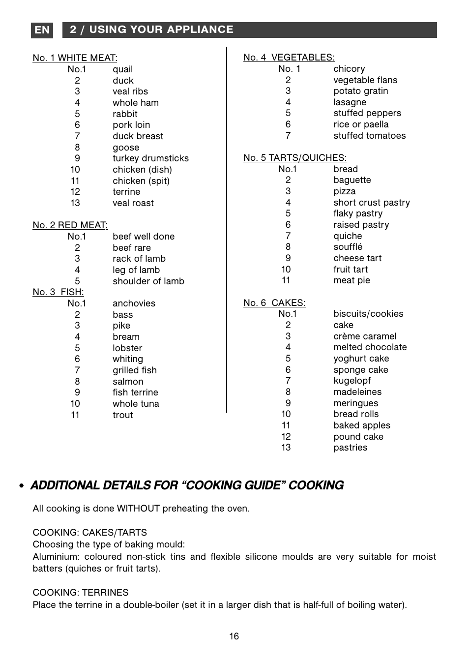 Additional details for “cooking guide” cooking | DE DIETRICH DOP1190 User Manual | Page 16 / 33