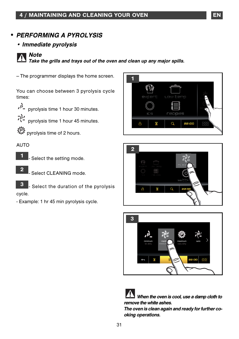 Performing a pyrolysis, Immediate pyrolysis | DE DIETRICH DOP1190 User Manual | Page 31 / 33