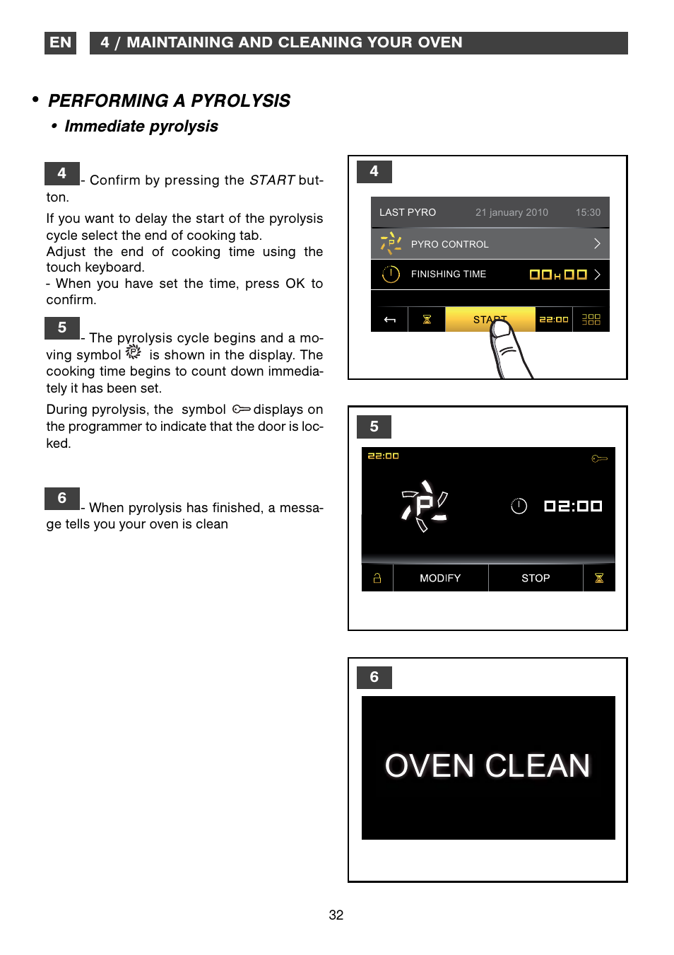 Oven clean, Performing a pyrolysis, Immediate pyrolysis | DE DIETRICH DOP1190 User Manual | Page 32 / 33