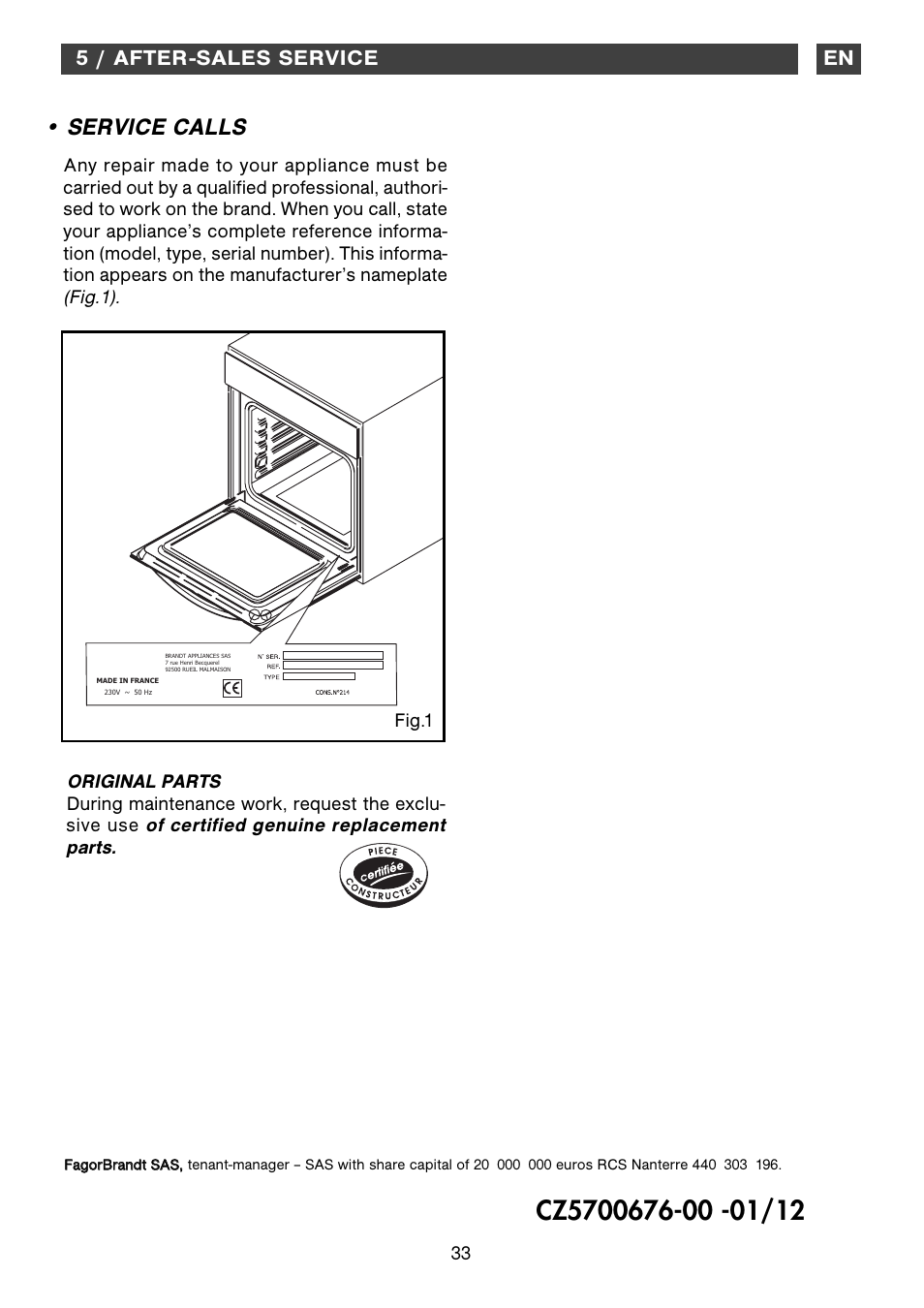 Service calls, En 5 / after-sales service | DE DIETRICH DOP1190 User Manual | Page 33 / 33