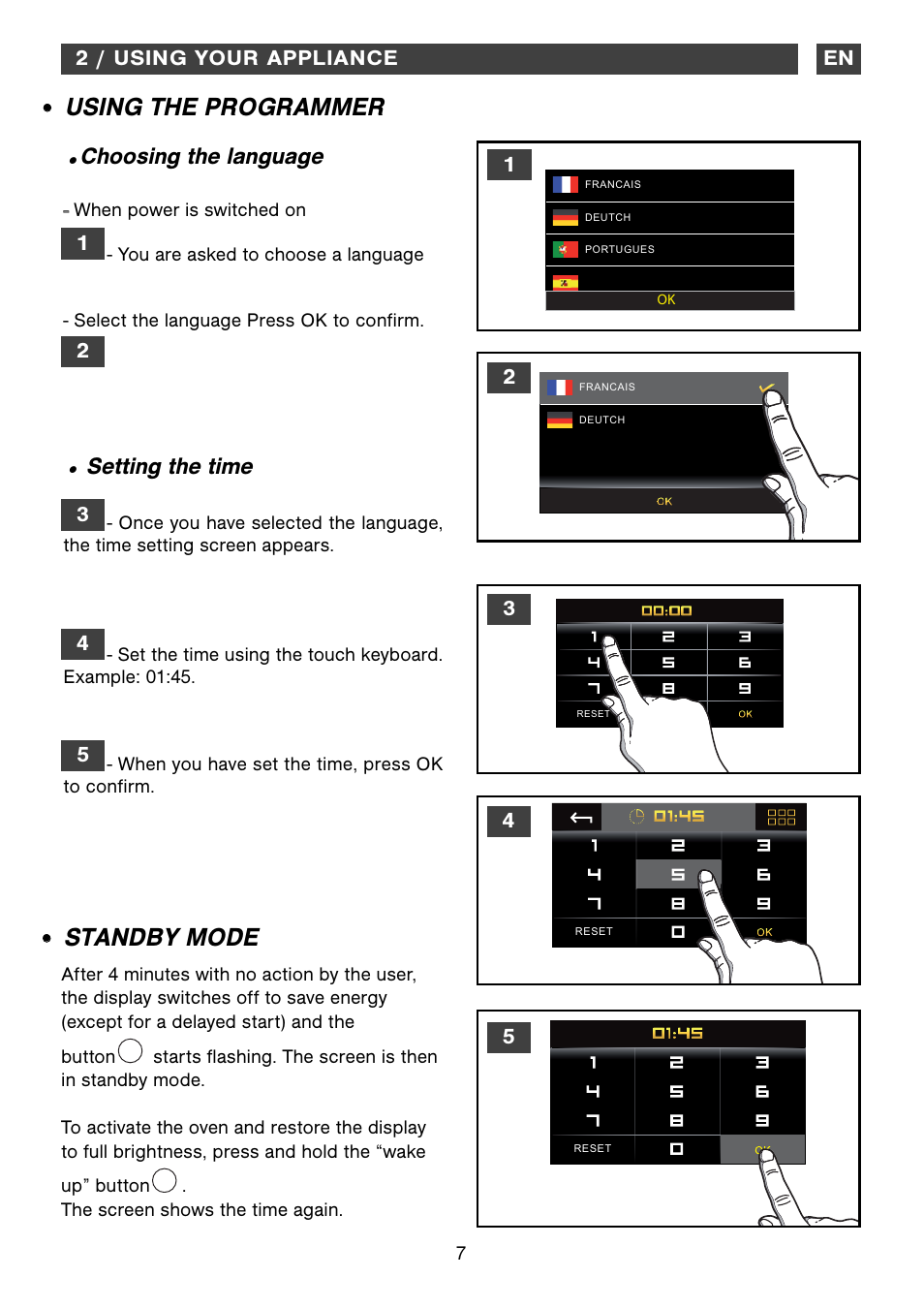 Using the programmer, Standby mode, Setting the time | Choosing the language | DE DIETRICH DOP1190 User Manual | Page 7 / 33