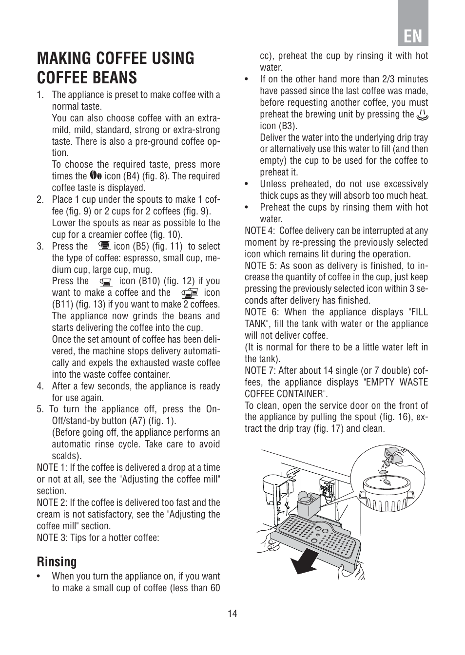 Making coffee using coffee beans, Rinsing | DE DIETRICH DED1140 User Manual | Page 10 / 25