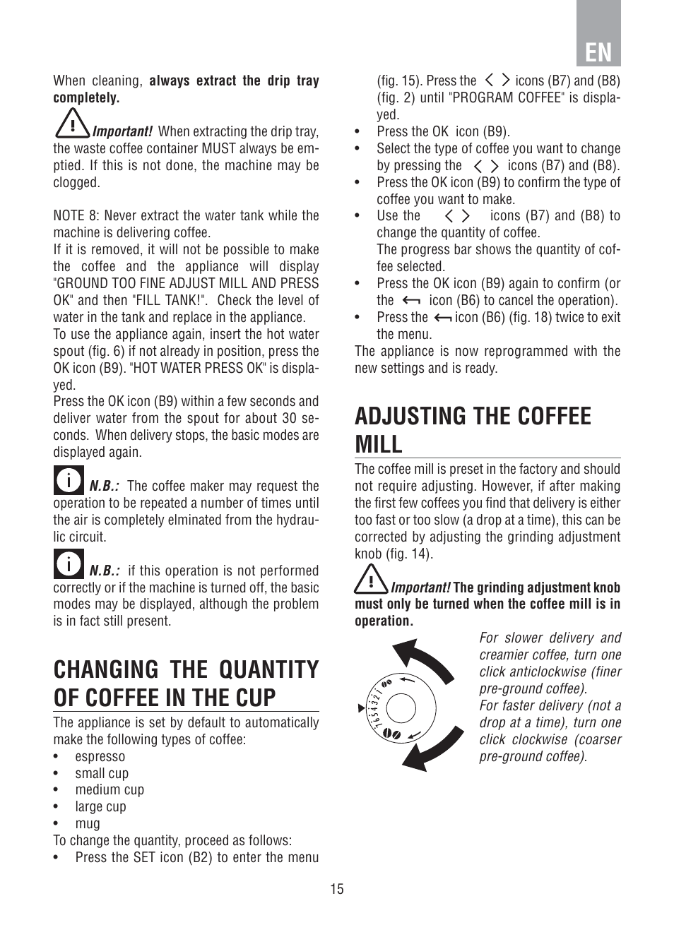 Changing the quantity of coffee in the cup, Adjusting the coffee mill | DE DIETRICH DED1140 User Manual | Page 11 / 25