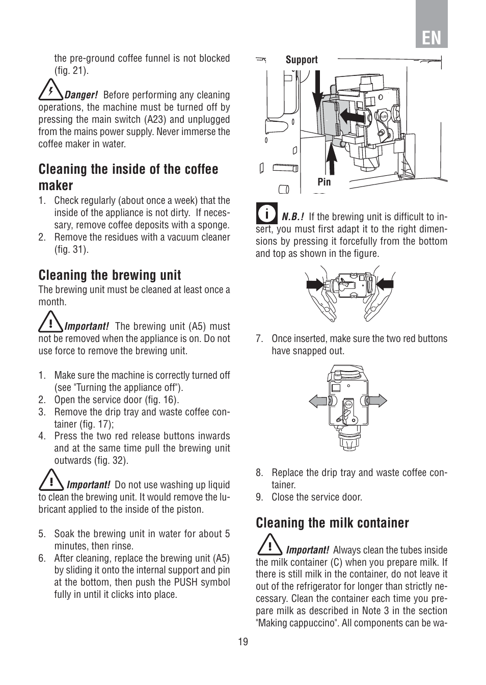 Cleaning the inside of the coffee maker, Cleaning the brewing unit, Cleaning the milk container | DE DIETRICH DED1140 User Manual | Page 15 / 25