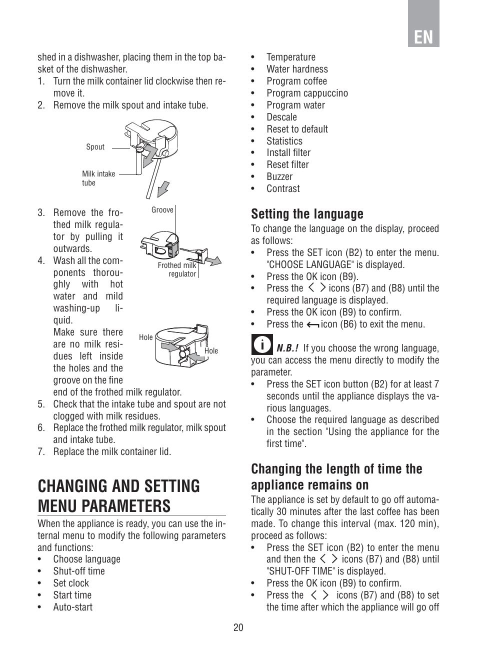 Changing and setting menu parameters, Setting the language | DE DIETRICH DED1140 User Manual | Page 16 / 25