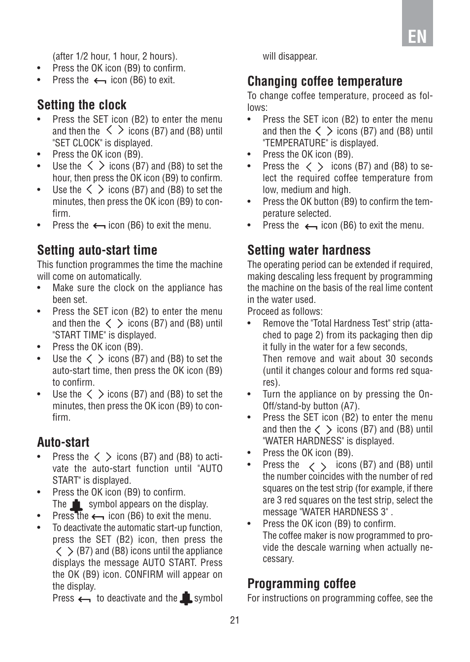 Setting the clock, Setting auto-start time, Auto-start | Changing coffee temperature, Setting water hardness, Programming coffee | DE DIETRICH DED1140 User Manual | Page 17 / 25