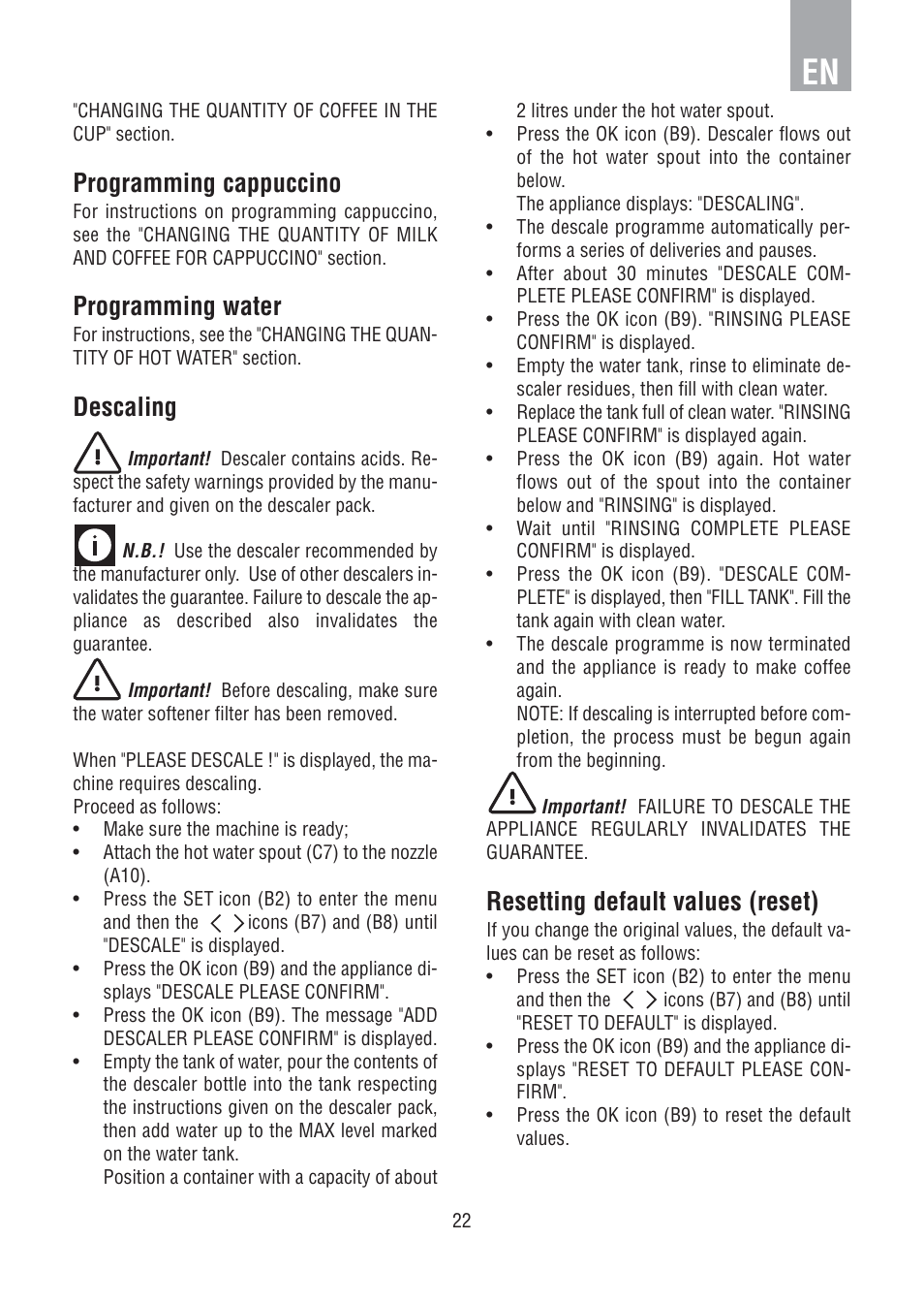 Programming cappuccino, Programming water, Descaling | Resetting default values (reset) | DE DIETRICH DED1140 User Manual | Page 18 / 25