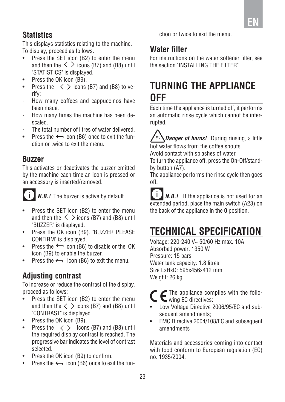 Turning the appliance off, Technical specification, Statistics | Buzzer, Adjusting contrast, Water filter | DE DIETRICH DED1140 User Manual | Page 19 / 25