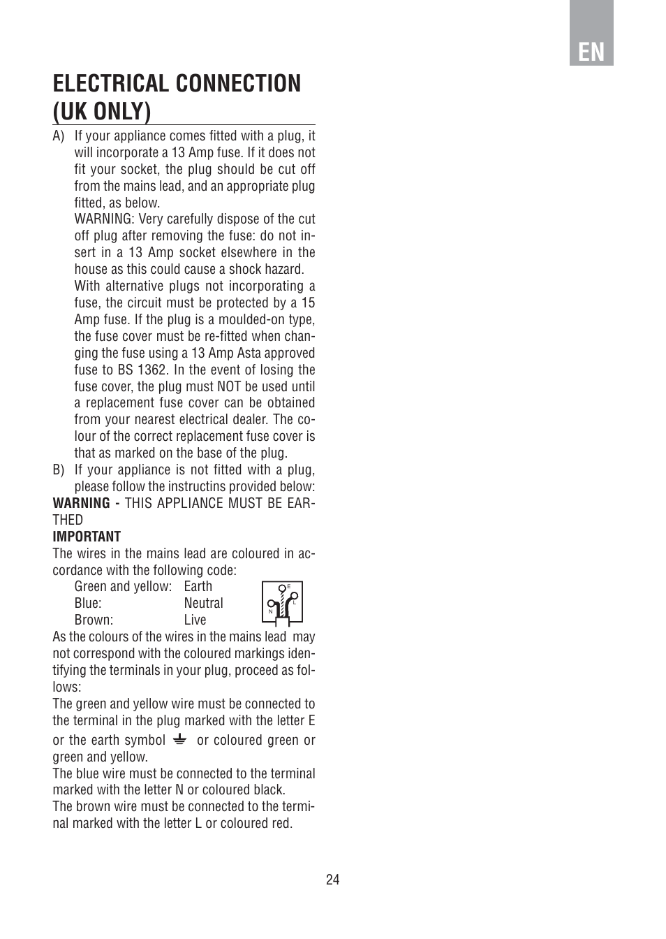 Electrical connection (uk only) | DE DIETRICH DED1140 User Manual | Page 20 / 25