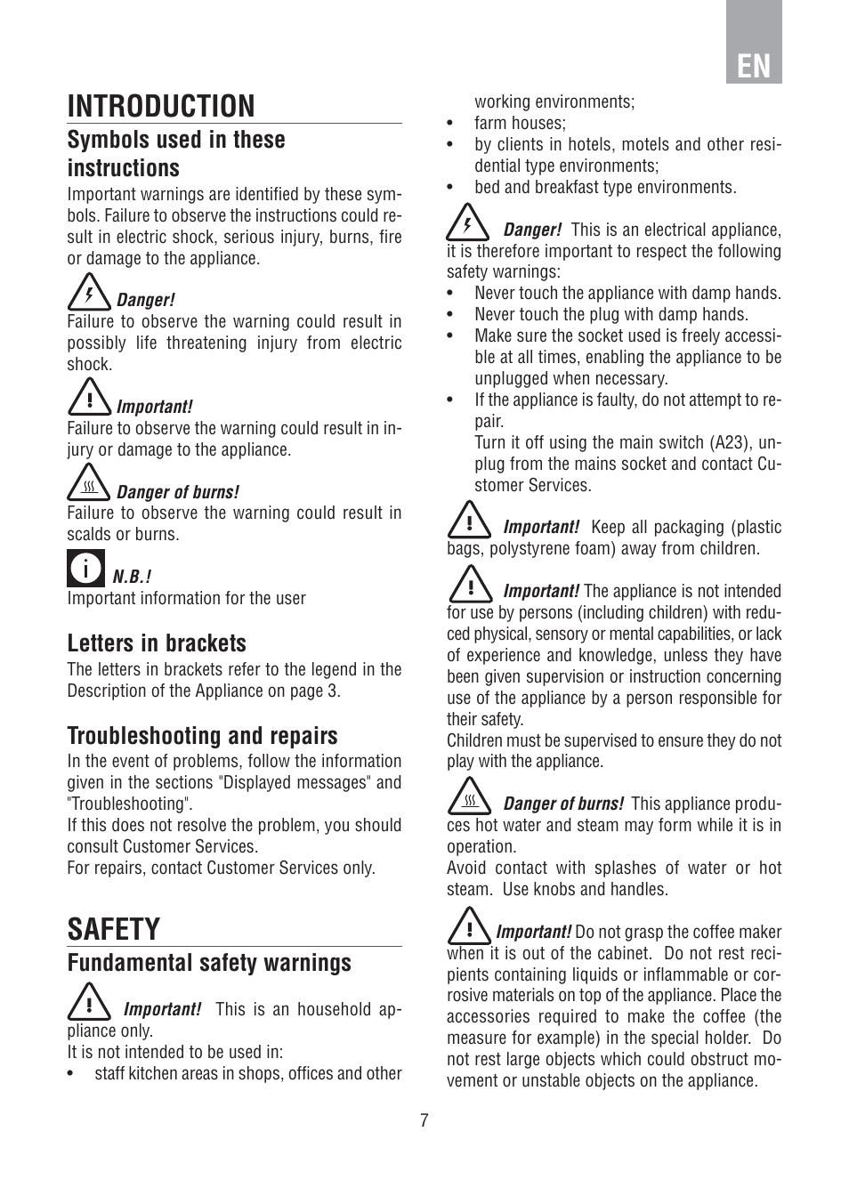 Introduction, Safety, Symbols used in these instructions | Letters in brackets, Troubleshooting and repairs, Fundamental safety warnings | DE DIETRICH DED1140 User Manual | Page 3 / 25