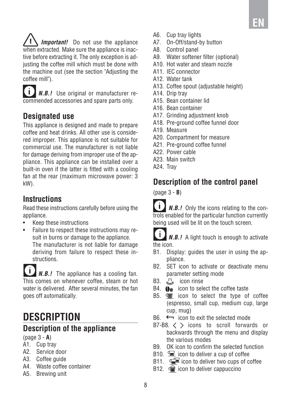 Description, Designated use, Instructions | Description of the appliance, Description of the control panel | DE DIETRICH DED1140 User Manual | Page 4 / 25