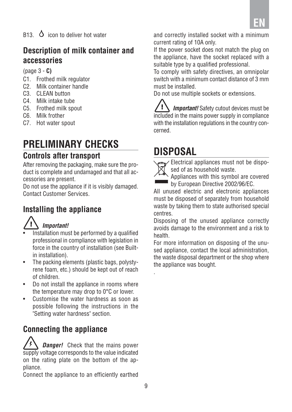 Preliminary checks, Disposal, Description of milk container and accessories | Controls after transport, Installing the appliance, Connecting the appliance | DE DIETRICH DED1140 User Manual | Page 5 / 25