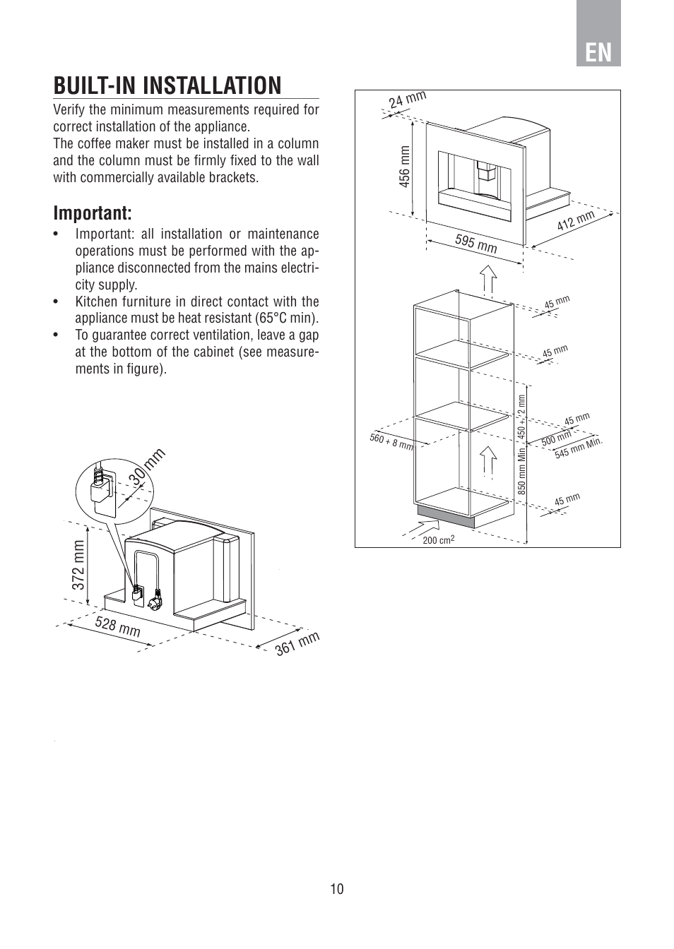 Built-in installation, Important, 30 mm | 372 mm | DE DIETRICH DED1140 User Manual | Page 6 / 25